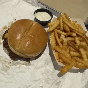 Cheeseburger, fries, and ranch