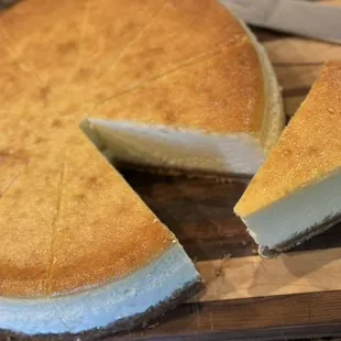 Classic NY Style cheesecake. Beautiful golden top and a creamy white inside.