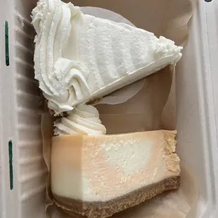 a cheesecake in a styrofoam container