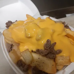 &quot;Mad Fries&quot; topped with Ribeye, Whiz, sautéed onions