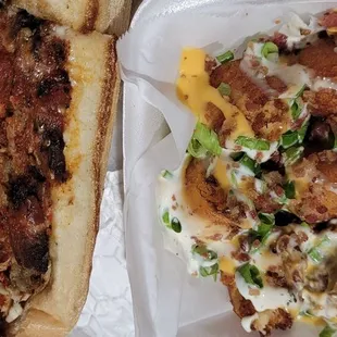 Eggplant parmesan sub and the dreamy loaded mashed potato bites!