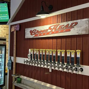 a row of beer taps