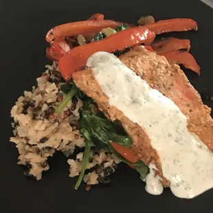 Blackened salmon, wild rice, veggies