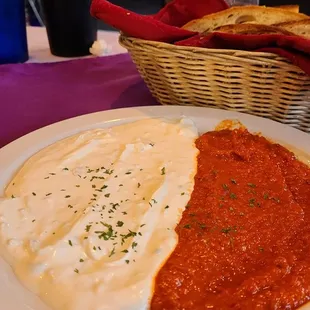 Bosnian Style Tzatziki (refreshing yogurt sauce) &amp; Ajvar (sweet, flavorful roasted red pepper sauce).