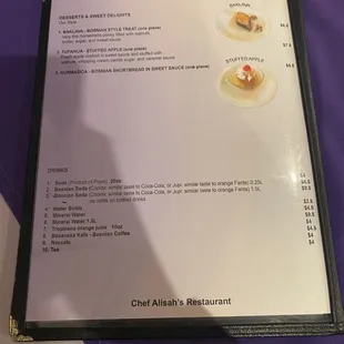 Dessert and drink menu
