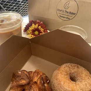 Kouign amann, cinnamon sugar cronut, and their cold brew