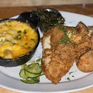 Fried chicken, Mac and cheese, and greens