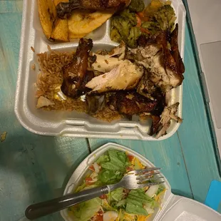 Half Jerk Chicken Sweet Plantains dinner salad Curry Steamed Veggies a fork