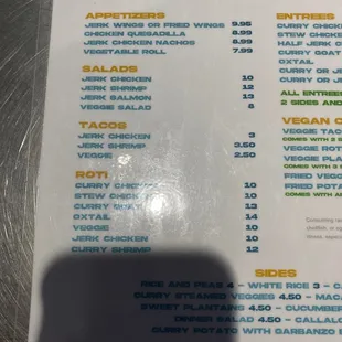 the menu for the restaurant