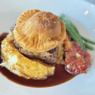 Grilled Beef Tenderloin with Mushroom Foie Gras Puff Mashed Potato, Vegetables and Merlot Demi Mongolian