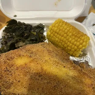 Catfish , Cajun corn, greens