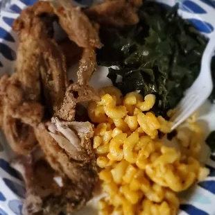 Fried chicken,  Mac n cheese, collard greens