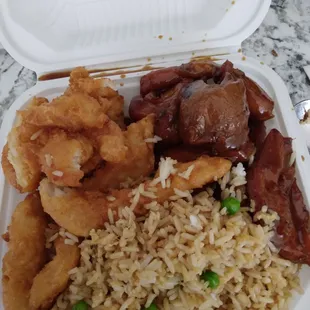 Fish, teriyaki chicken and fried rice.  So good!