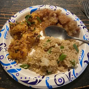 Salt and Pepper Shrimp Orange Chicken Eggs and Green Onion Fried Rice  Everything is delicious!!