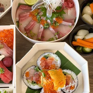 Chirashi Futomaki and Ikura (salmon roe) topped with uni - My absolutely favorite