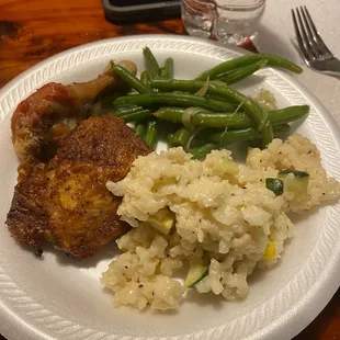 Roasted chicken, risotto and green beans (to go catering)