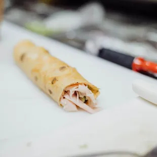 The Turkey Bacon Wrap: Turkey, Bacon, Swiss, Lettuce, Tomatoes &amp; Avocado Spread.