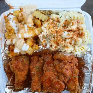 Wing Meal with Pasta and Sauced Up fries