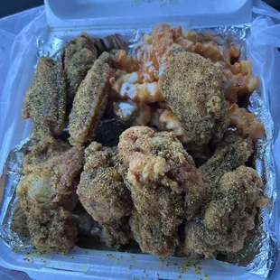 chicken and macaroni in a container