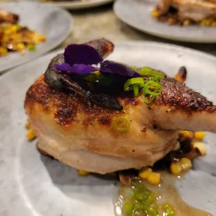 Hen, corn, bacon lardon, chicken jus