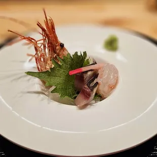 Amaebi (sweet shrimp) head tempura and Spanish Mackerel