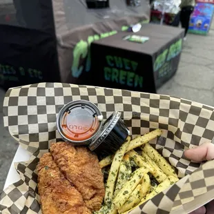 fried basa and garlic fries