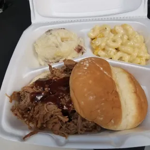 BBQ brisket sandwich with 2 sides - mashed red and mac &amp; cheese.  Totally worth the calories!
