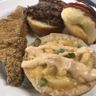 Tasting plate: Fried catfish, mini brisket cornbread cups, and Mac &amp; Cheese tart.