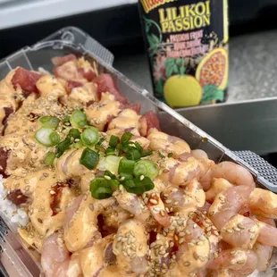 Shrimp and ahi poke boat