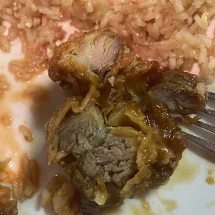 Looks like beef, but nah...it's super dry and old chicken.