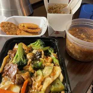 Hunan stir fry ($12) Hot Ana sour soup($4), ($Crispy CORN Patties (4) *** NEW ***($7) side of fried rice