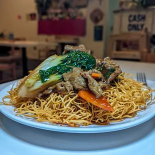 crispy beef pan fried Hong Kong style noodles $11