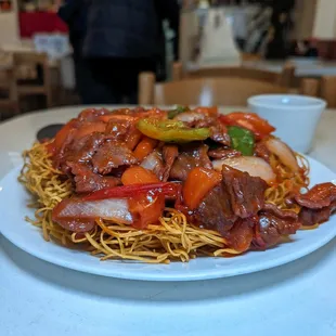 extra dry, crispy tomato beef pan fried noodles $11