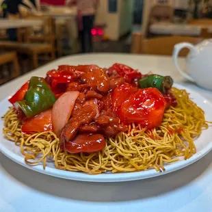 crispy tomato beef Hong Kong style noodles $14 (includes tax)