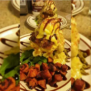 crab cakes and waffles over sweet potato. Gourmet Brunch