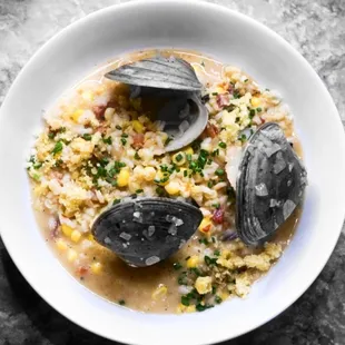 "Champagne Clams &amp; Rice Pearls" sweet corn risotto, pancetta, browned butter