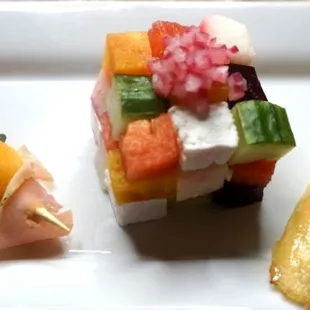 "Bits of Summer" prosciutto, melon, mint watermelon, feta, cucumber, jicama, beet lobster, tomato, white bean, basil