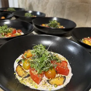 Torched peaches, mint crème fraiche, heirloom tomato, micro arugala, toasted pistachio