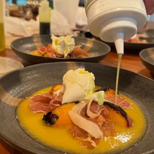 Chilled Tuscan melon broth, torched peaches, mint honey crème friache, San Daniele proscuitto, burrata