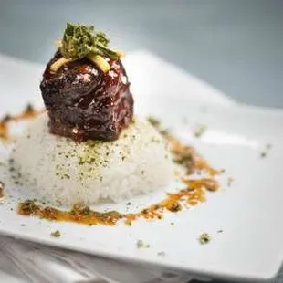 Korean BBQ Beef Ribs with Japanese pickled celery and crispy kale.