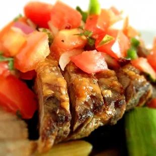 Garlic Paste Carne Asada with Pico de Gallo and Sauteed Vegetables