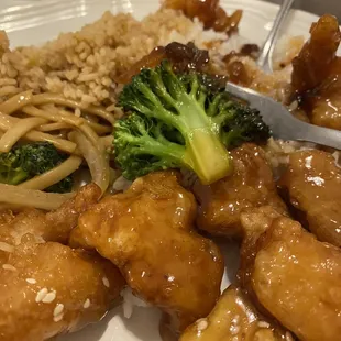 Orange chicken, fried rice and vegetable lo mein