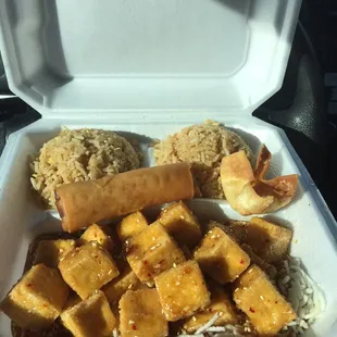 Fresh made to order and taste great and great serving size for lunch and eggroll and wonton. Sesame Tofu