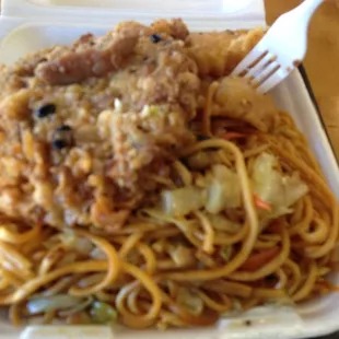 Fish chow mein and egg foo yung