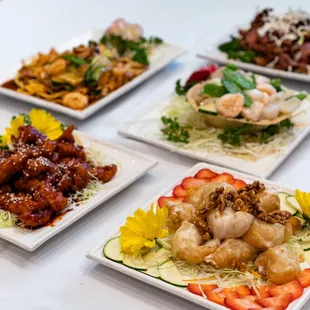 a variety of asian dishes on a table