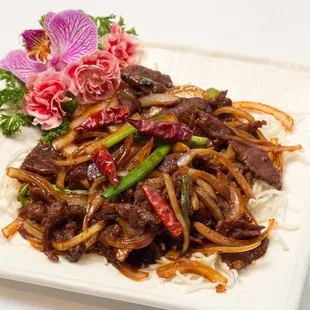 a plate of stir fried beef and noodles