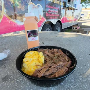 a plate of food and a drink