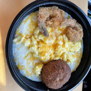 Salmon ball, shrimp and cheese grits! Delicious!