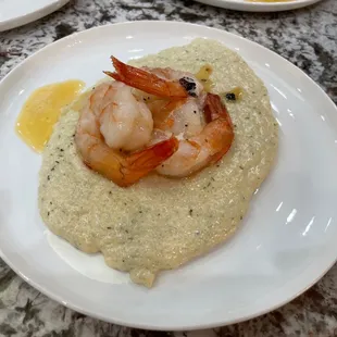 Truffle grits with butter poached shrimp