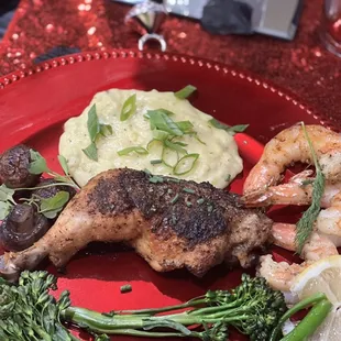 Lemon pepper chicken, gumbo shrimp, broccoli and mashed potatoes